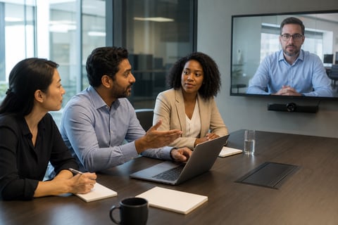Consultants reviewing a scored CMDB health assessment report showing which configuration items are reliable and which are guesses