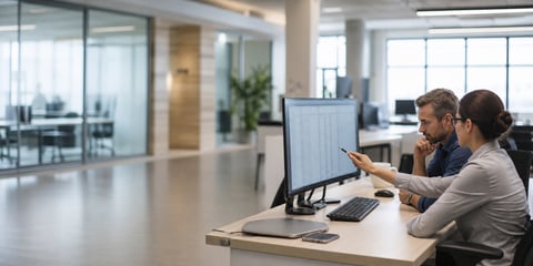 Two analysts sit at a desk in a bright open-plan office, reviewing a long list on a wide monitor