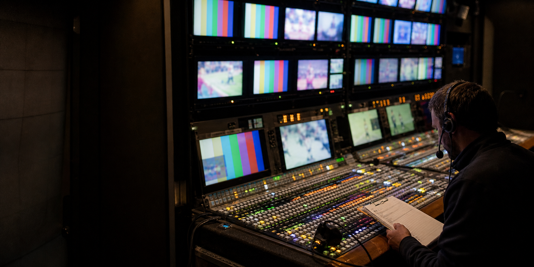 Technician at a mixing console in a broadcast control room lined with monitors