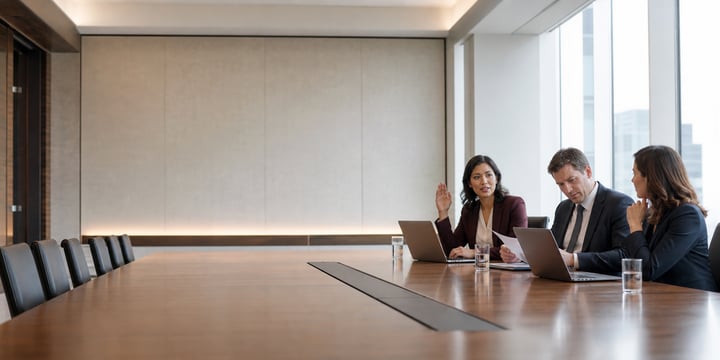 Three managers with laptops at the end of a long boardroom table, one raising her hand to approve