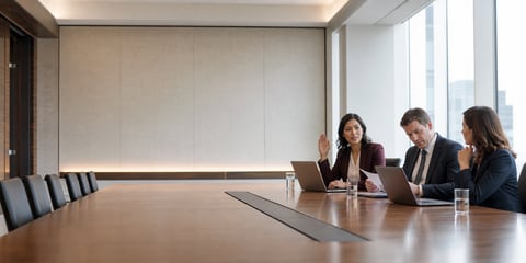 Three managers with laptops at the end of a long boardroom table, one raising her hand to approve