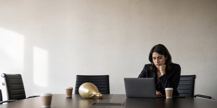 Woman alone at a boardroom table after a launch, studying a laptop beside a deflated balloon