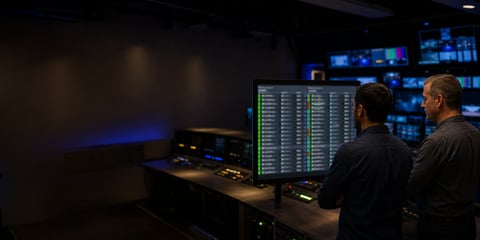 Two engineers stand beside a large monitor in a dim broadcast control room, with columns of data on the screen
