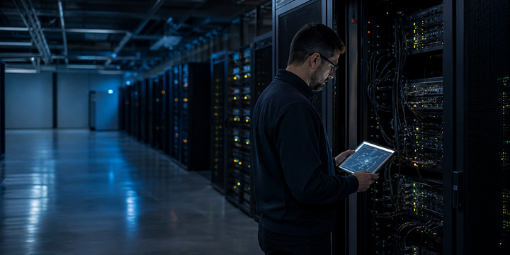 Engineer reviewing a tablet beside open server cabinets in a data centre aisle at night