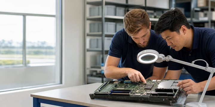 Two engineers examining a circuit board from a server under a magnifying lamp at a workbench