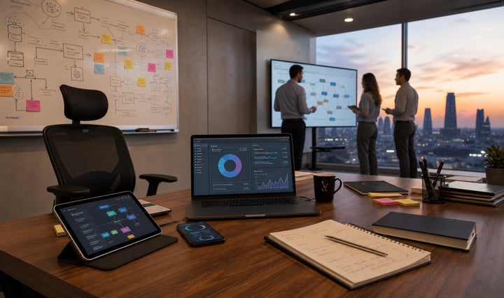 Colleagues discussing a configuration diagram on a wall screen in a modern office, with a laptop dashboard and sticky-note whiteboard nearby