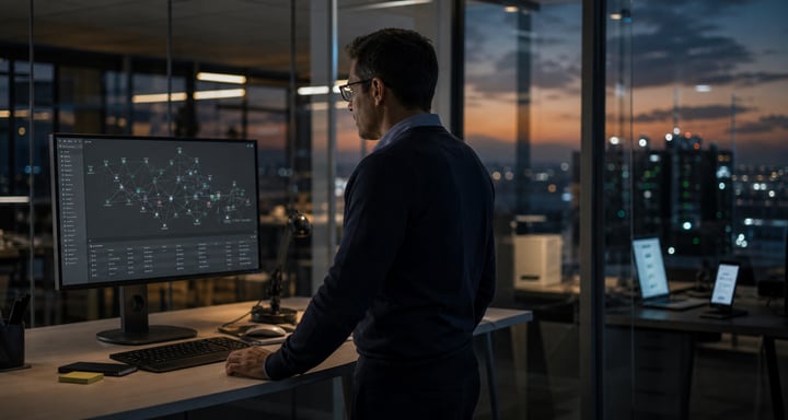 IT engineer reviewing a network dependency map on a large monitor in a dim office at dusk, with a city skyline behind him