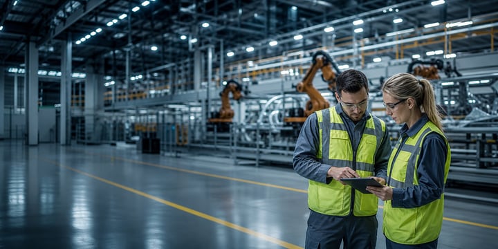 Two engineers in high-visibility vests look at a tablet on an automotive plant floor with a robotic line behind them