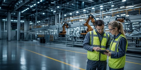 Two engineers in high-visibility vests look at a tablet on an automotive plant floor with a robotic line behind them