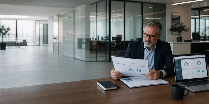 Senior IT leader reviewing a handover document at a desk in a modern office