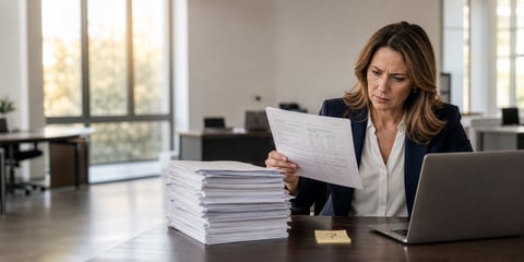 Finance manager frowning at a printed invoice beside a tall stack of paperwork and an open laptop