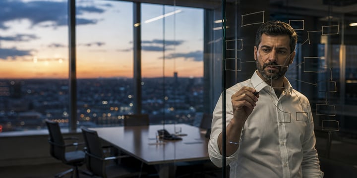 Manager drawing connected boxes on a glass wall in an office at dusk, with city lights behind