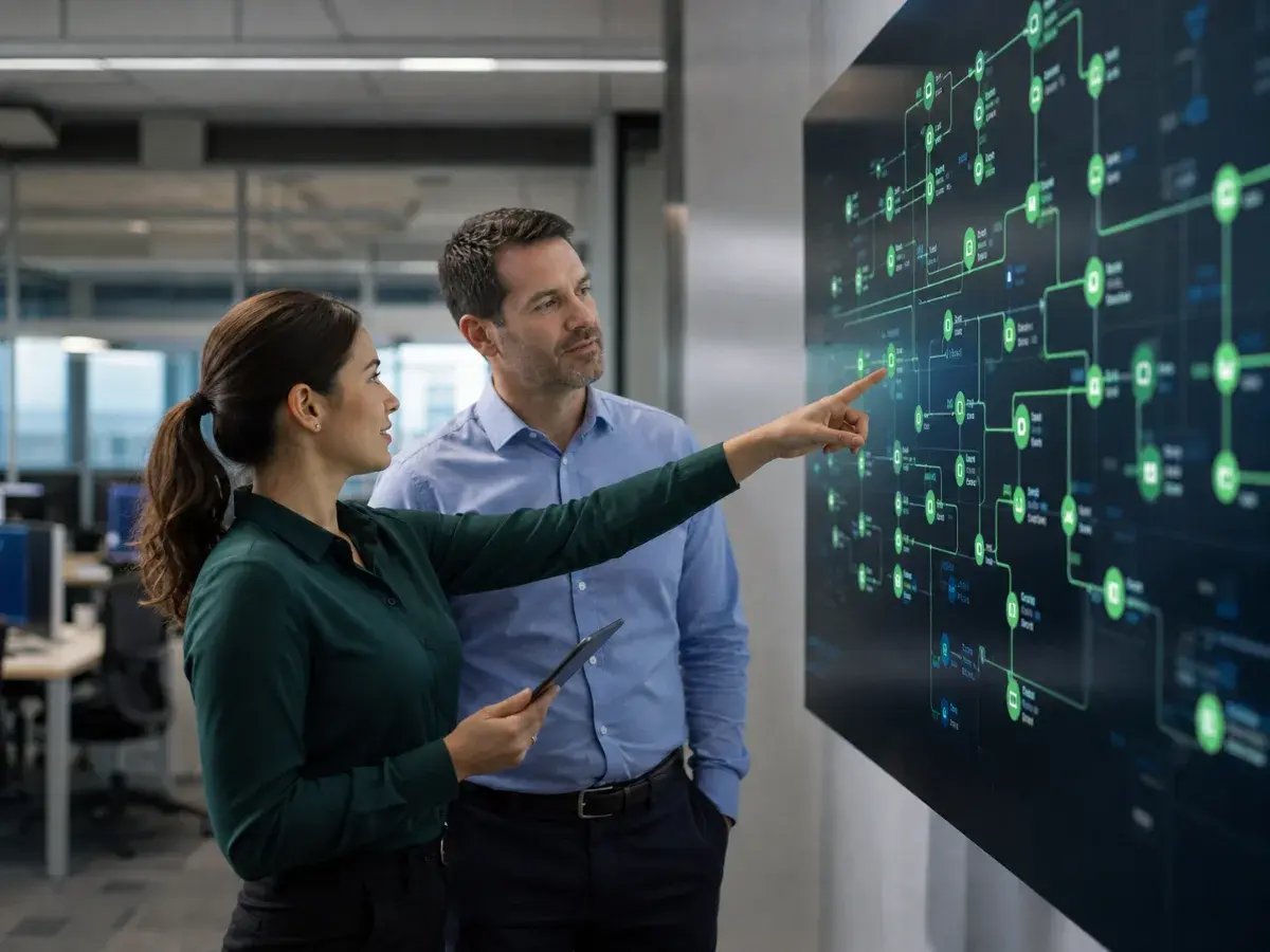 Two engineers at a wall screen, one pointing at a map of connected systems glowing green