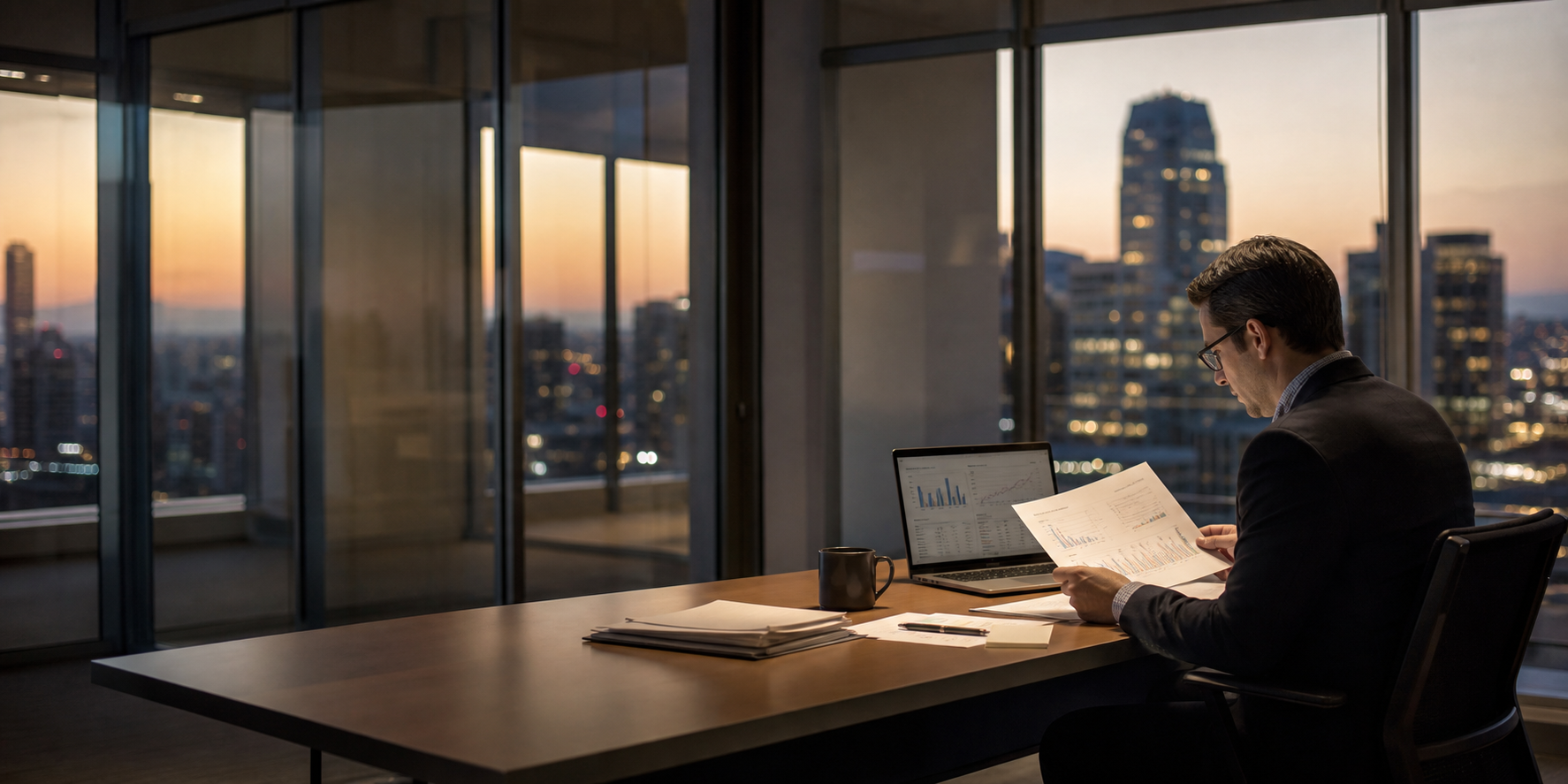 Auditor reviewing a report and laptop dashboard in an office at dusk