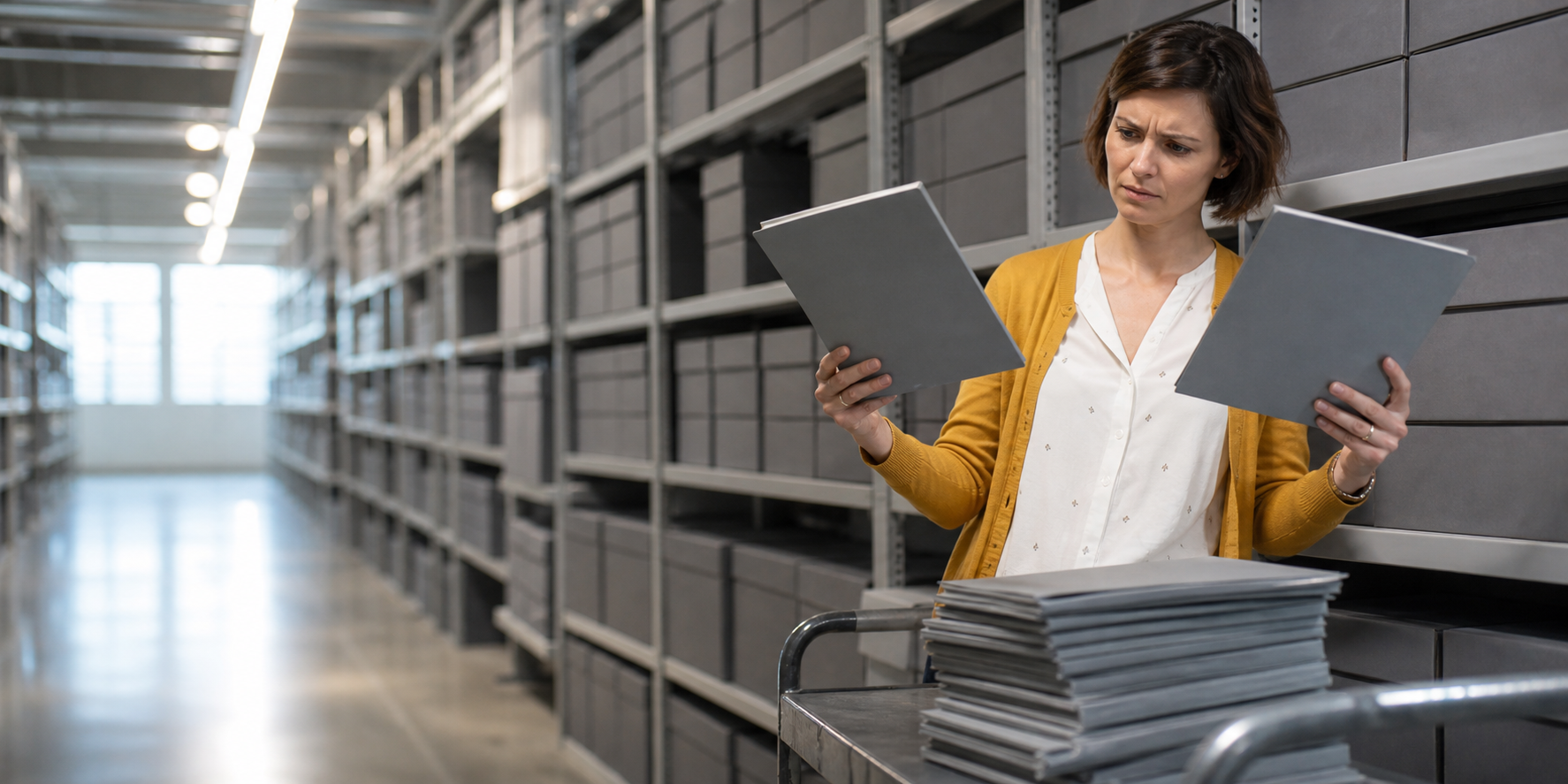 Analyst in an archive comparing two identical grey folders beside a trolley piled with more