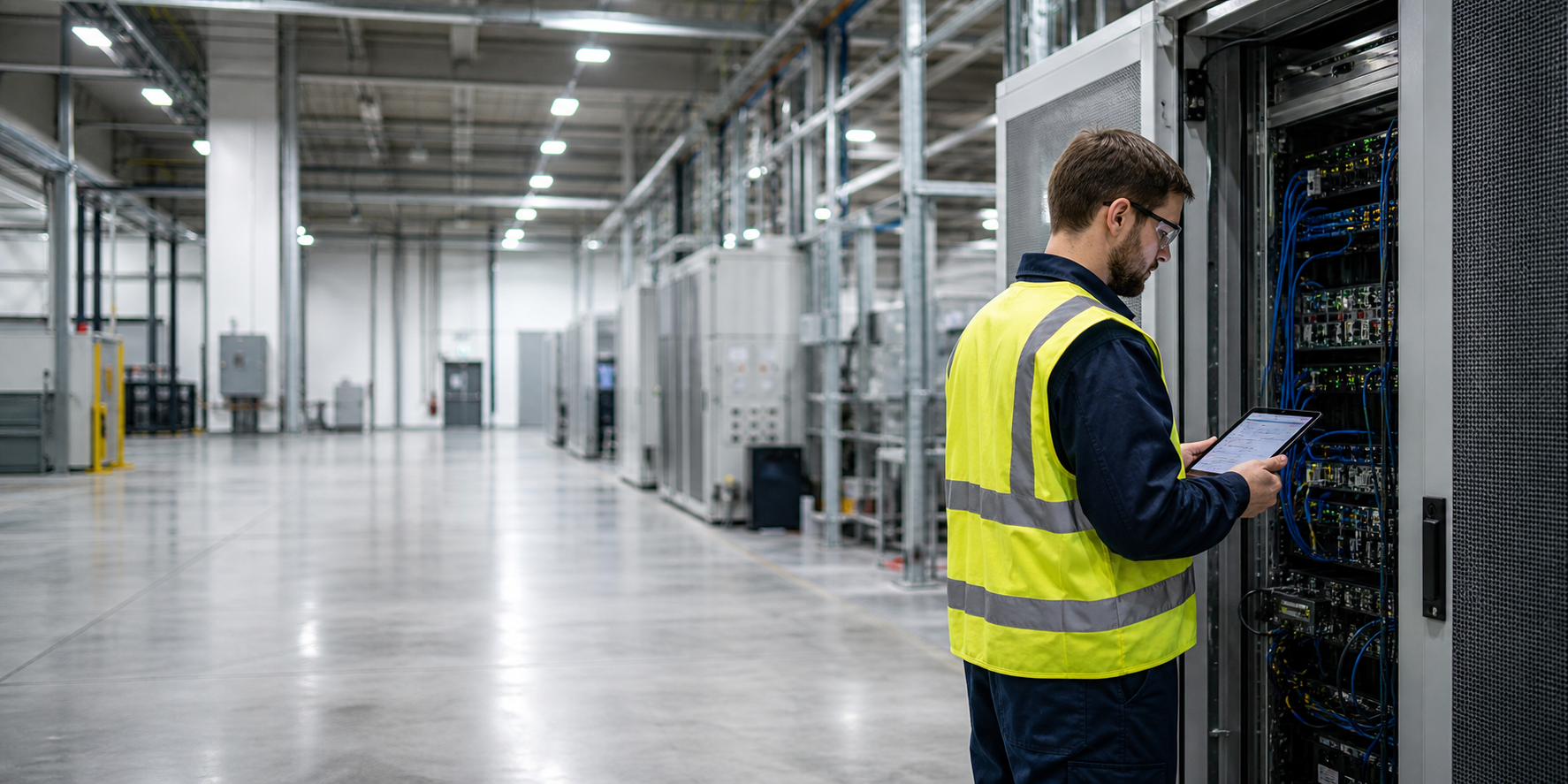 Engineer checking a tablet beside an open equipment cabinet in a manufacturing plant