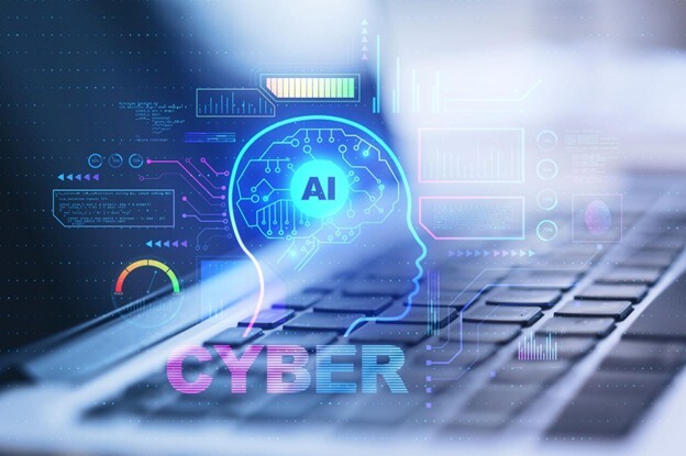 AI and cybersecurity concept showing a digital brain over a laptop, representing AI-driven cyber threats and cyber threat prevention.