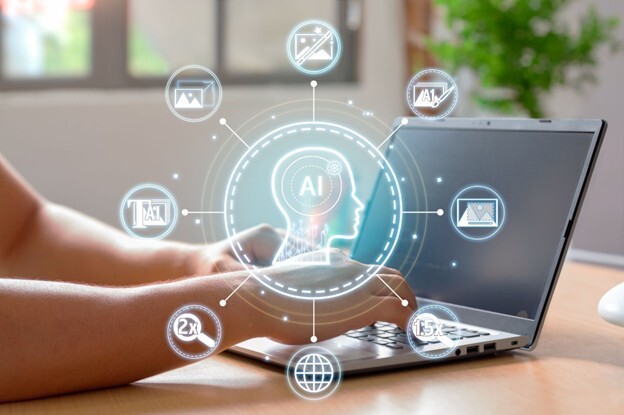 A person using a laptop with an AI interface overlay, where their IT environment has had an AI readiness assessment.