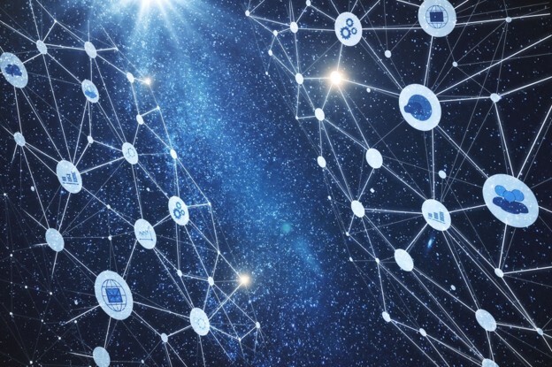 A futuristic network of connected nodes and data points, representing service mapping and IT asset visibility.