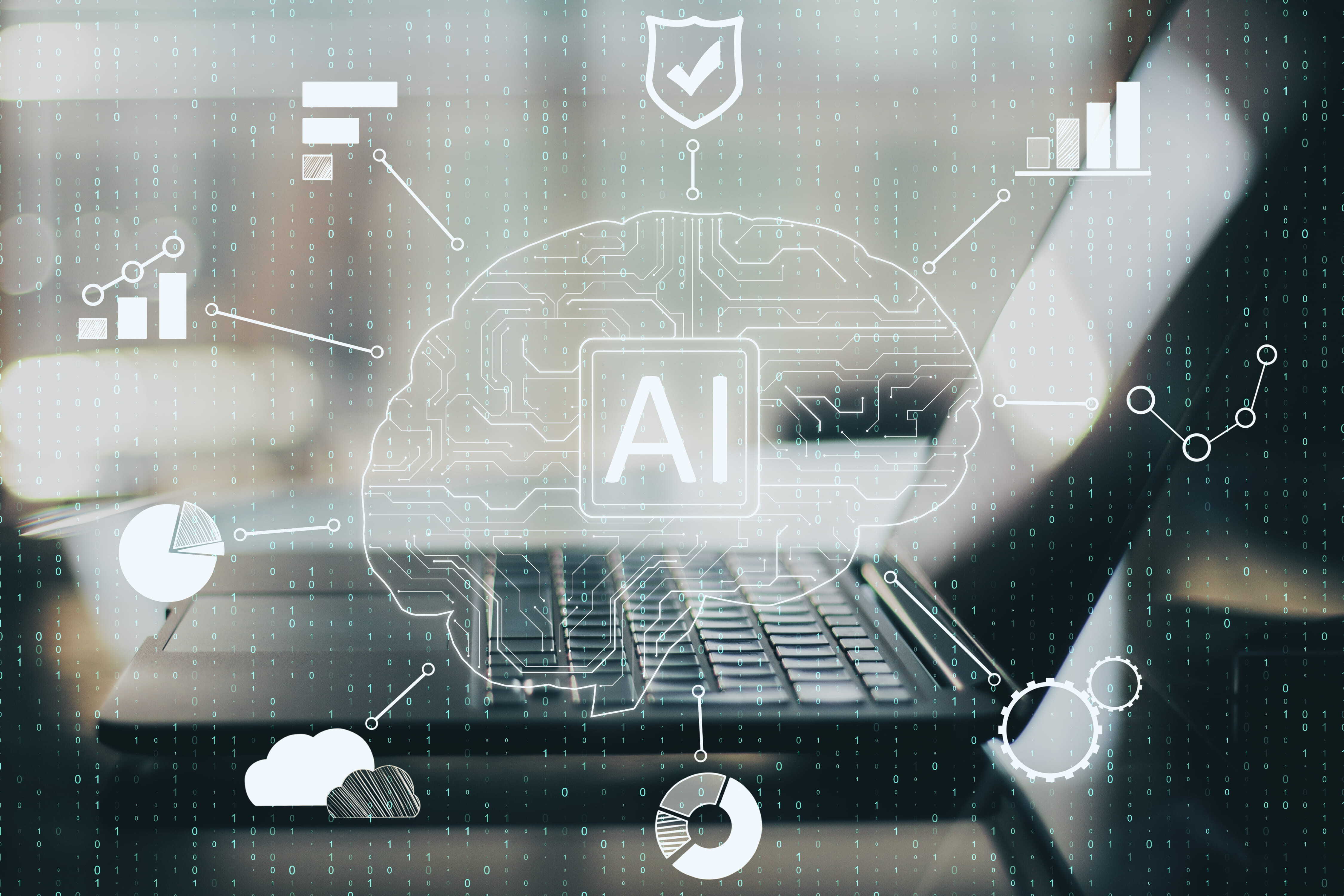 A laptop with an AI brain overlay and data dashboards, showing AI powered incident management and reduced MTTR.